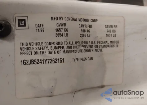 2000 Pontiac Sunfire Se z USA, uszkodzony, nr VIN 1G2JB5241Y7262161